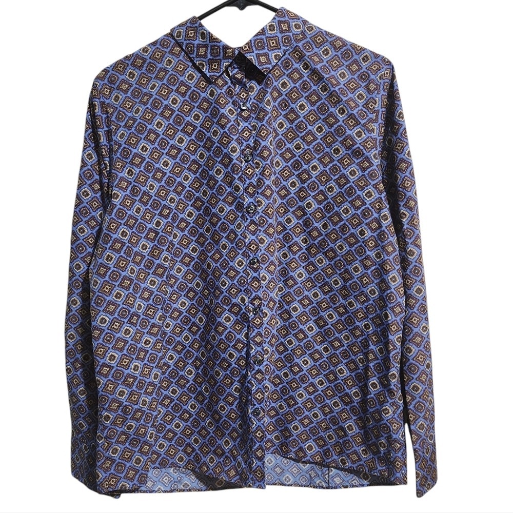 Lands End Button Up Shirt Womens 16 Blue Geometric No Iron Supima Cotton